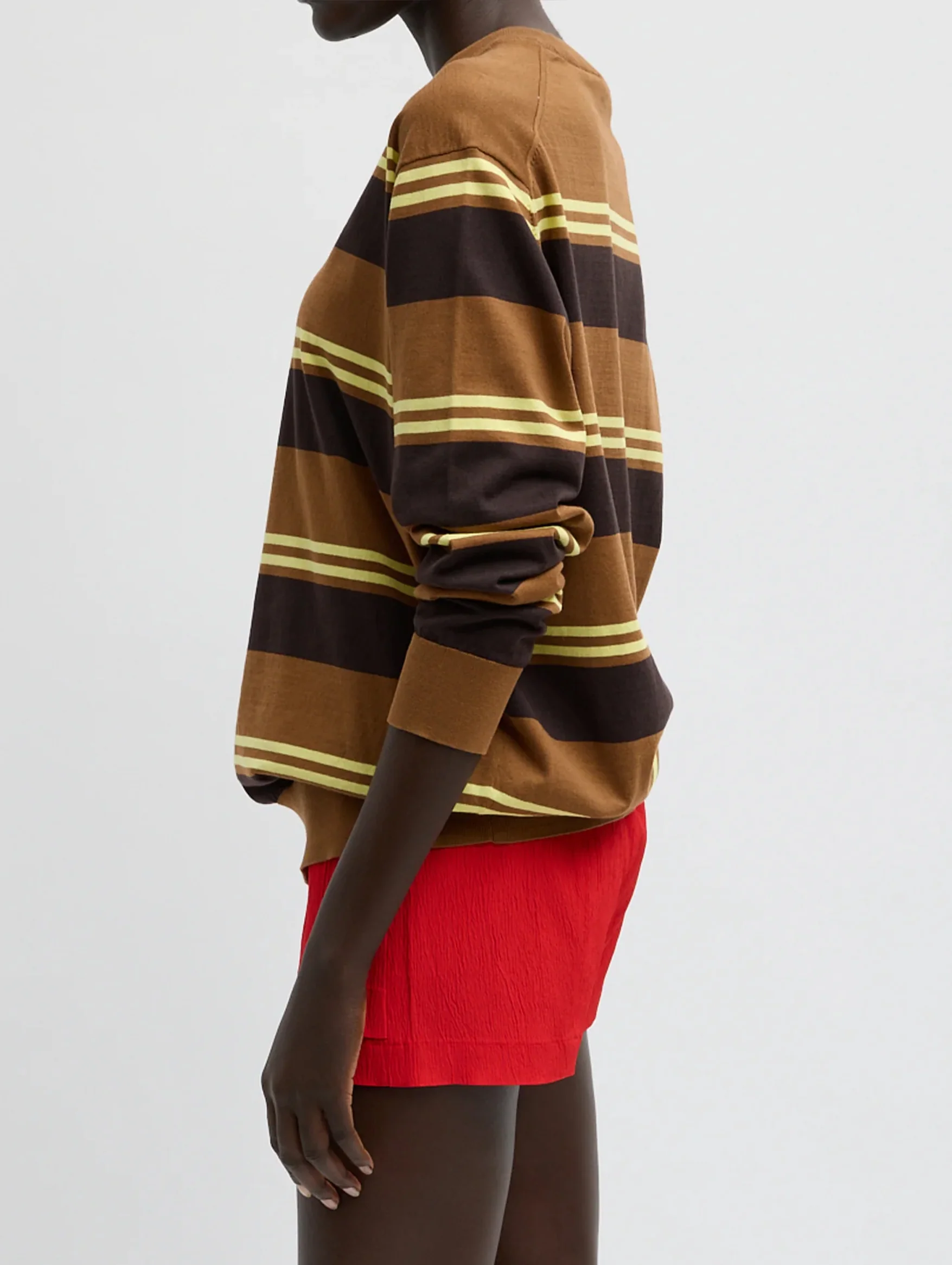 Super Fine Gauge Striped Perfect Crewneck Pullover in Brown Multi Stripe - Image 2