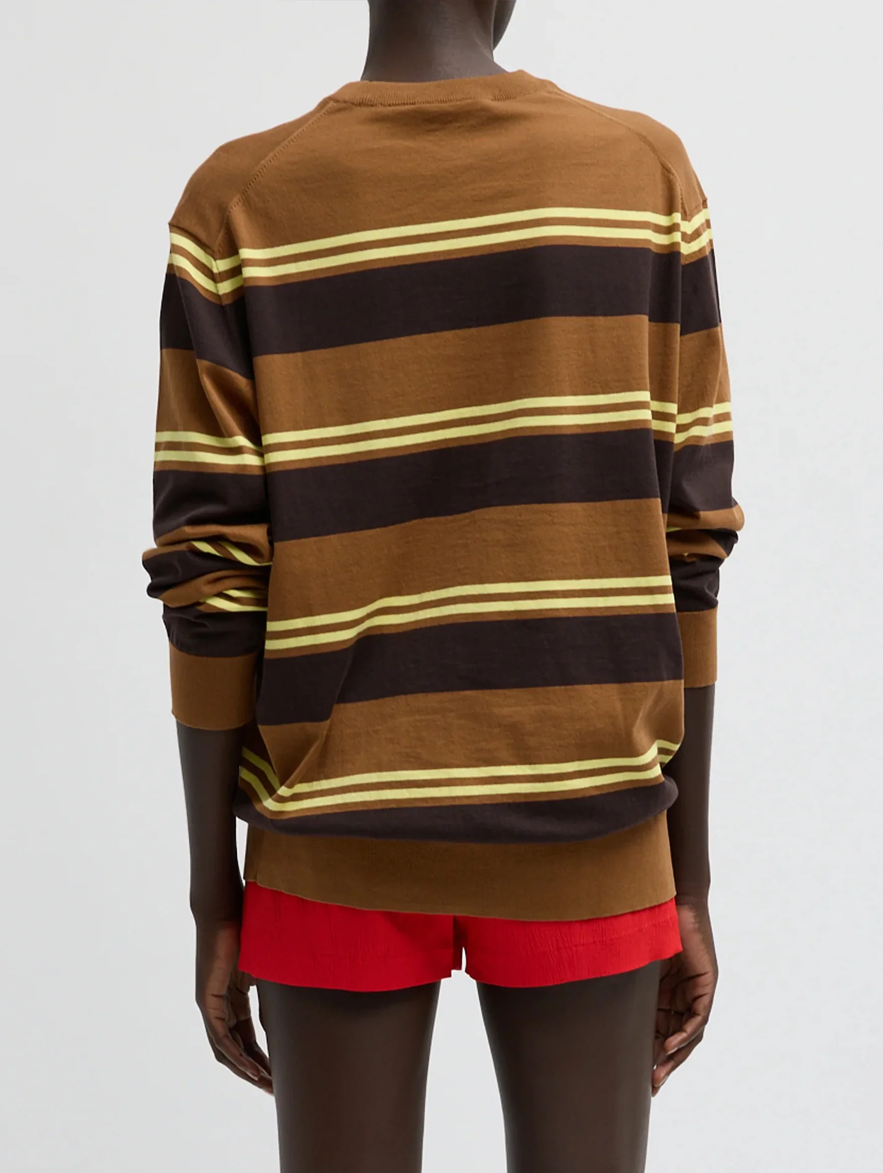 Super Fine Gauge Striped Perfect Crewneck Pullover in Brown Multi Stripe - Image 3