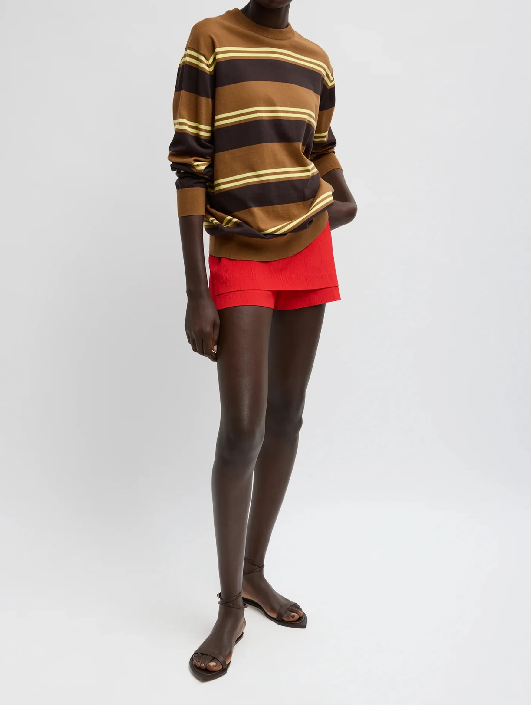Super Fine Gauge Striped Perfect Crewneck Pullover in Brown Multi Stripe - Image 4