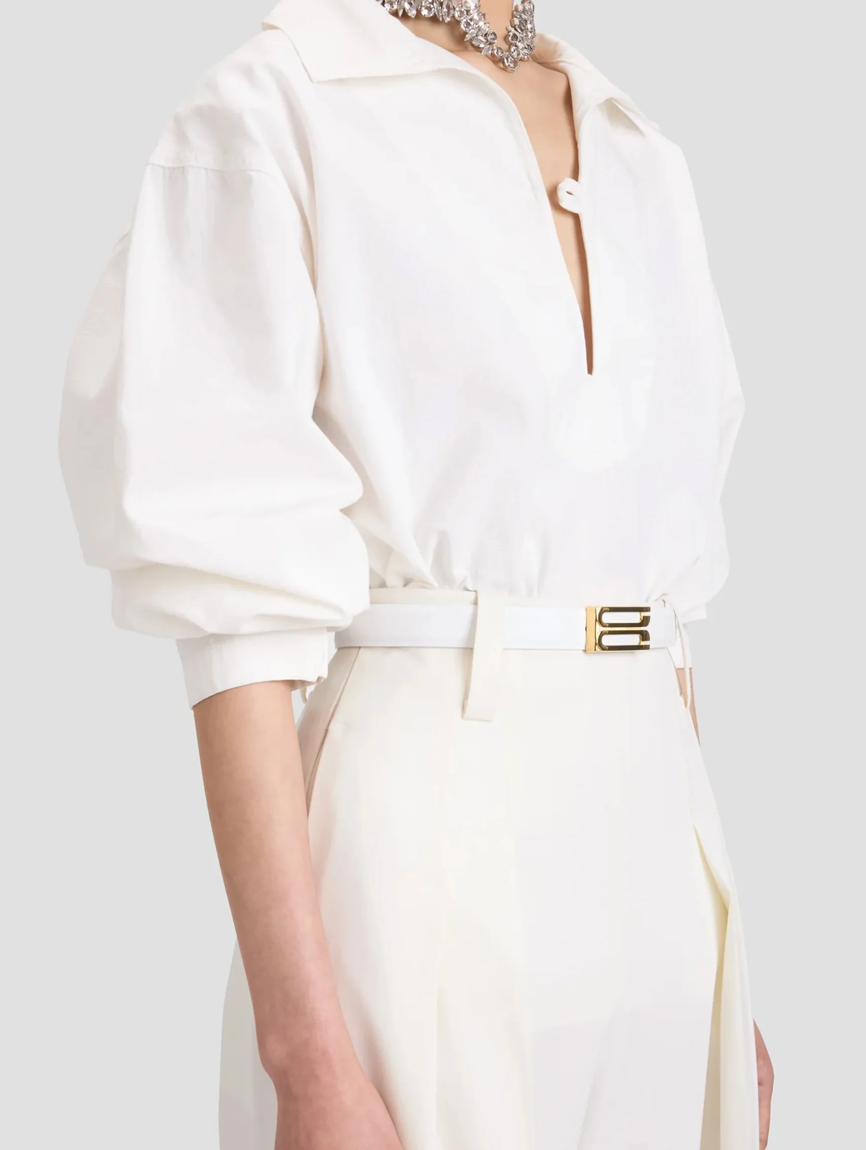Tab Detail Denim Top in Washed White - Image 4