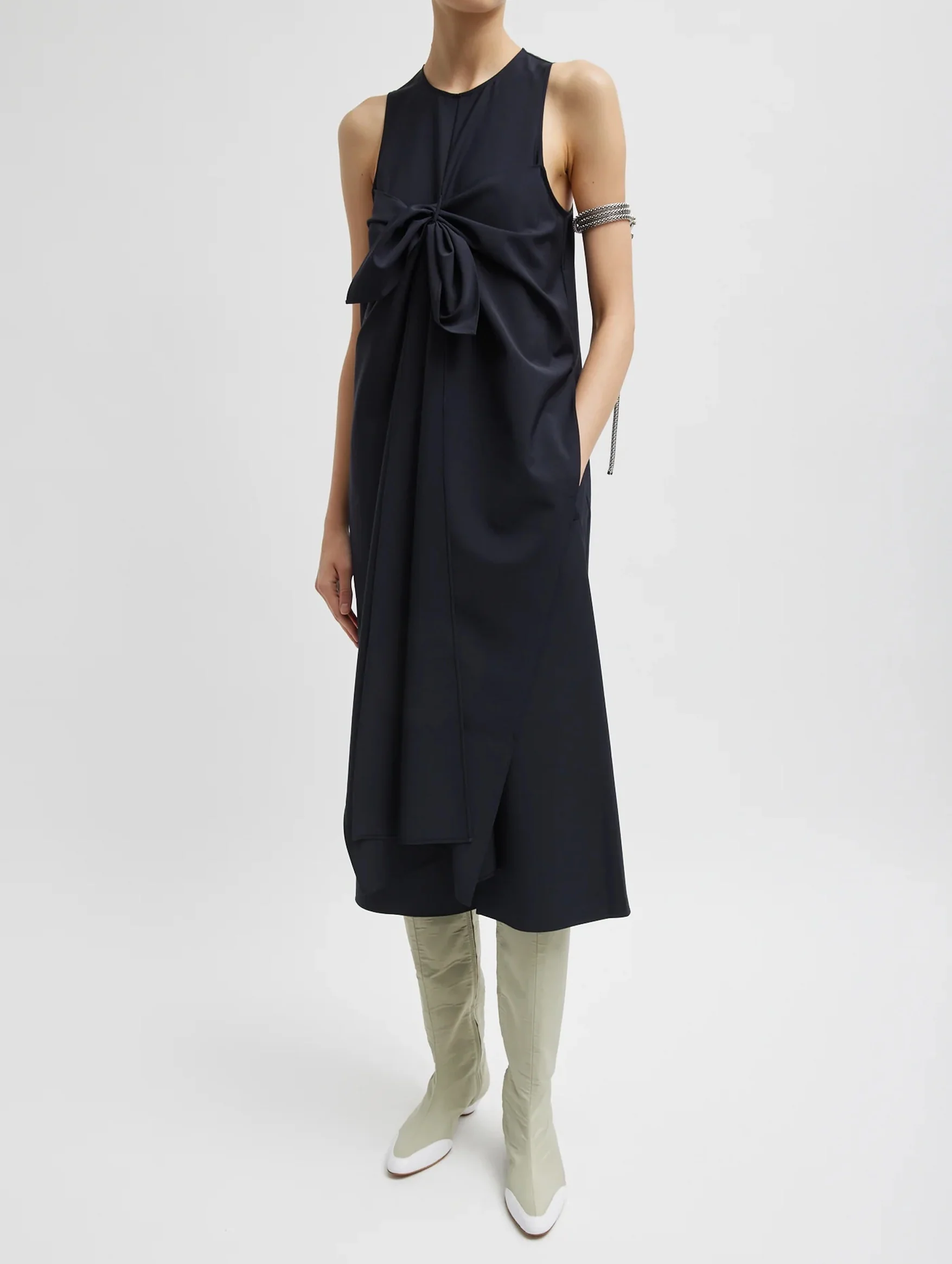 Tropical Wool Tie Front Dress in Navy
