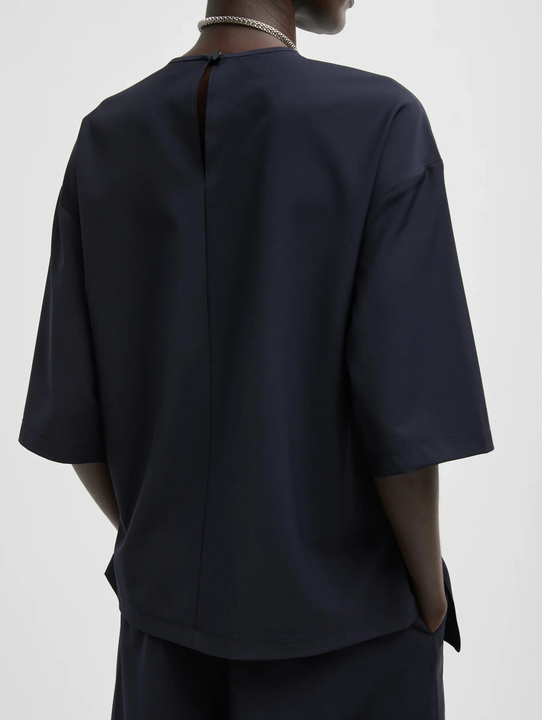 Tropical Wool Tie Front T-Shirt in Navy - Image 4