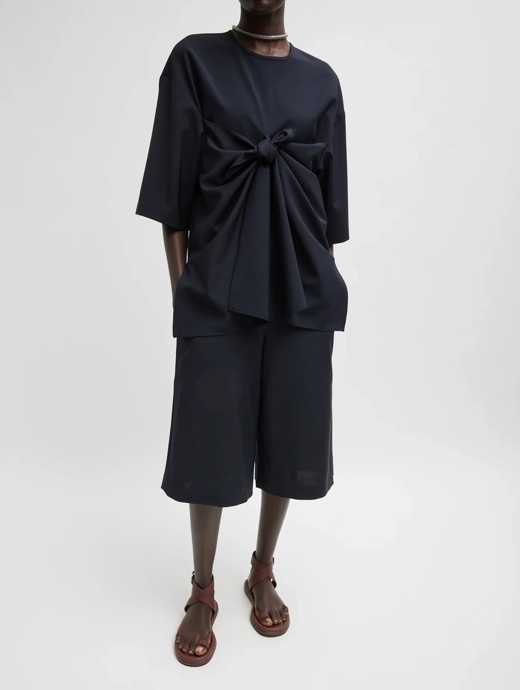 Tropical Wool Tie Front T-Shirt in Navy - Image 5