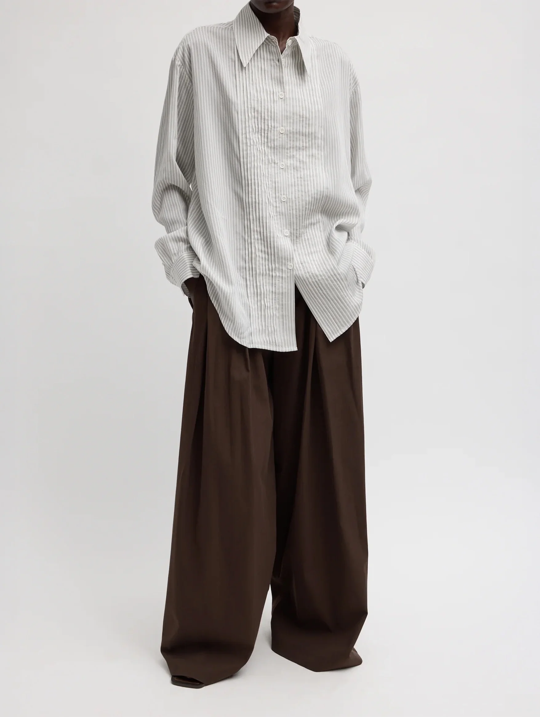 Ultra Light Silk Tencel Striped Pintucked Shirt in White Grey Multi
