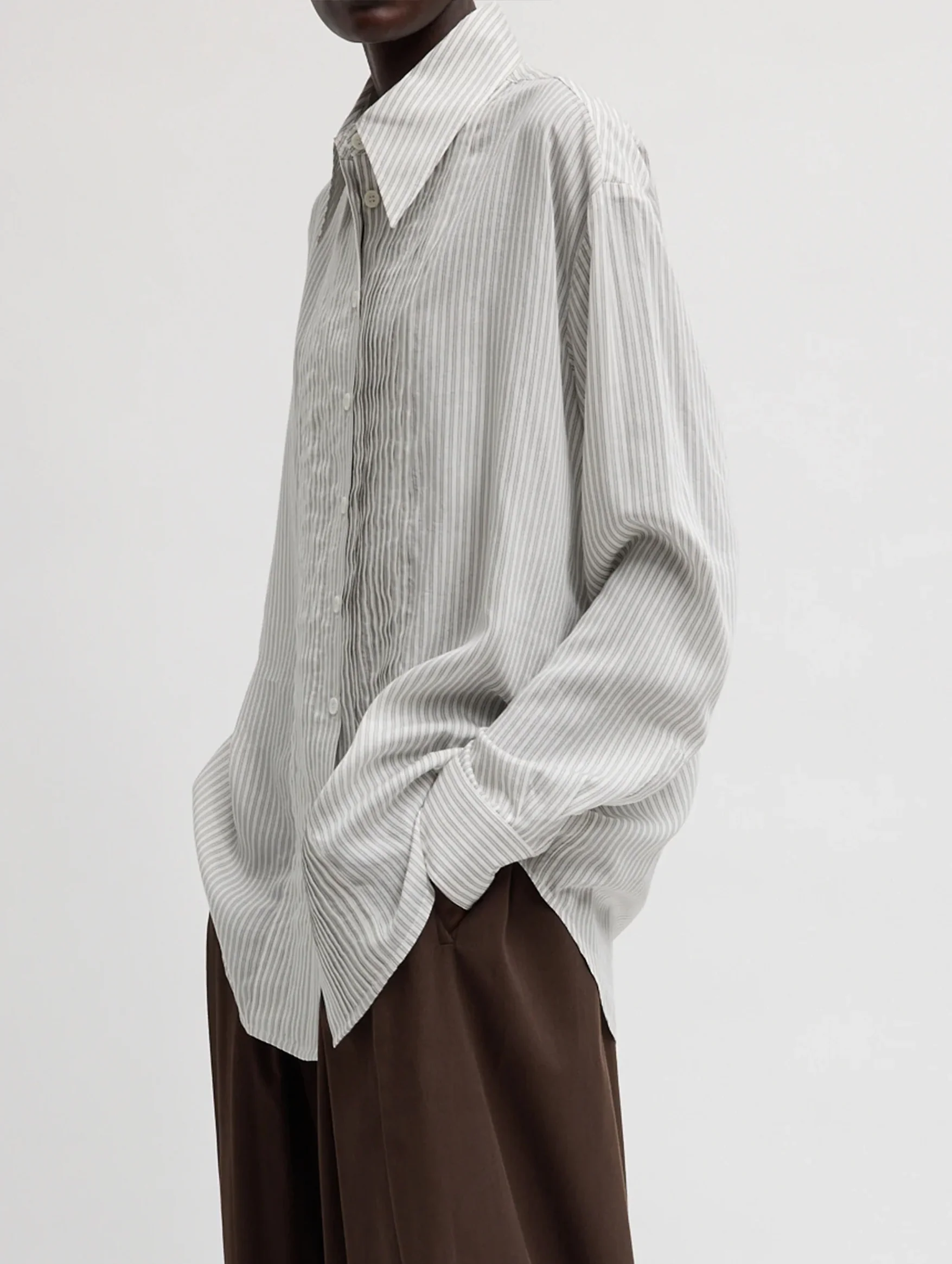 Ultra Light Silk Tencel Striped Pintucked Shirt in White Grey Multi - Image 3