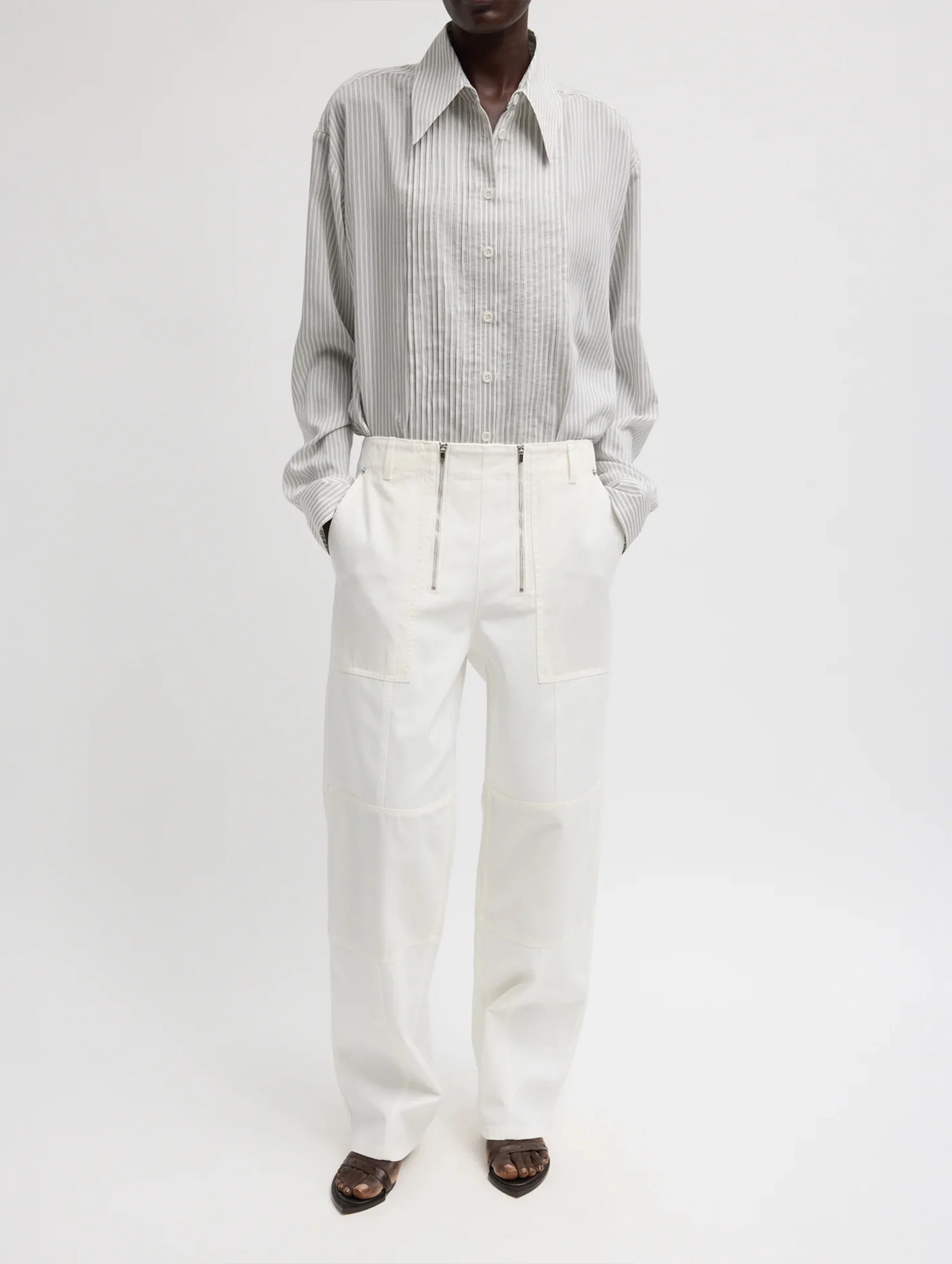 Ultra Light Silk Tencel Striped Pintucked Shirt in White Grey Multi - Image 4