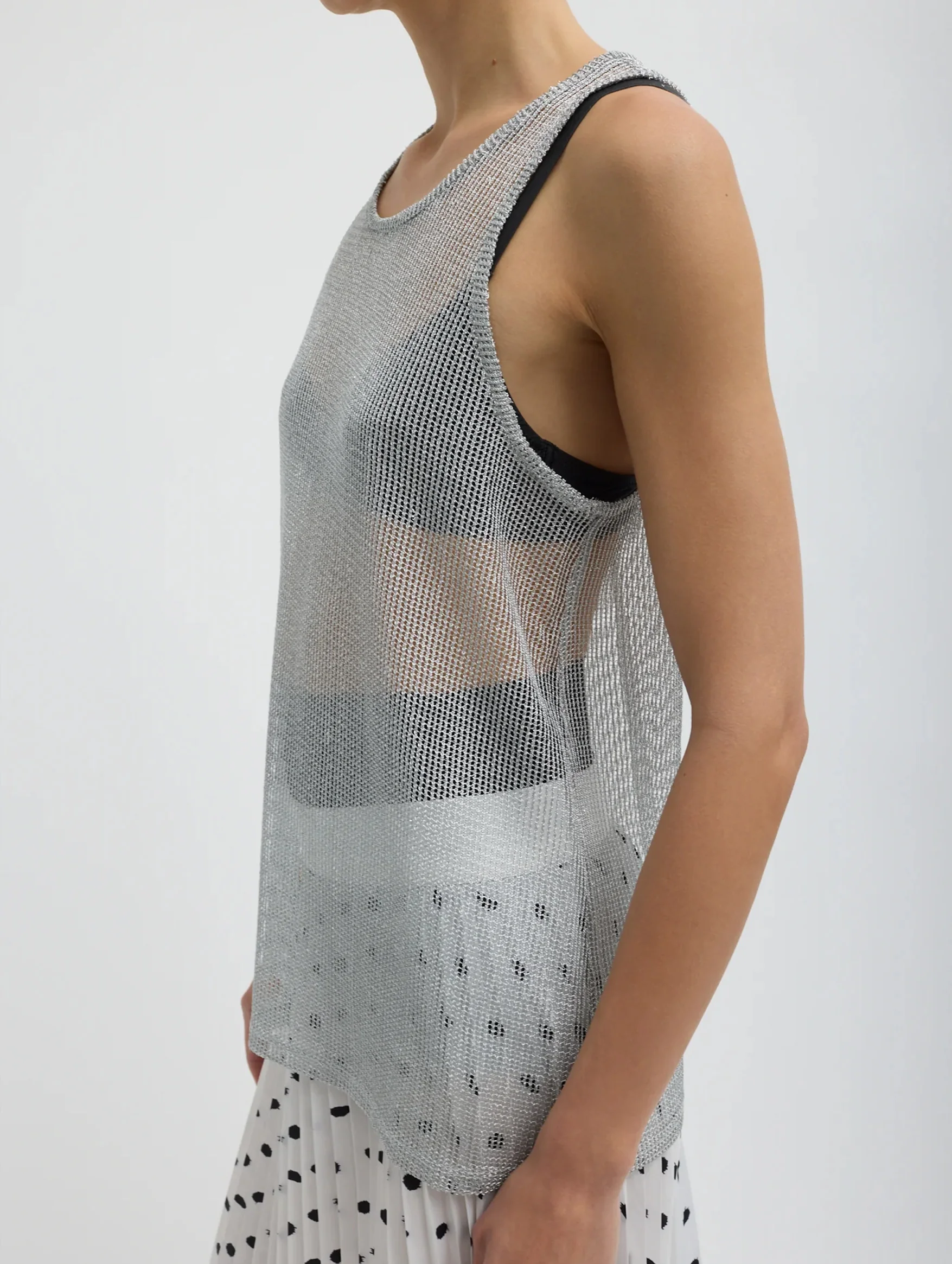 Viscose Metallic Ribbed T Tank in Silver - Image 4