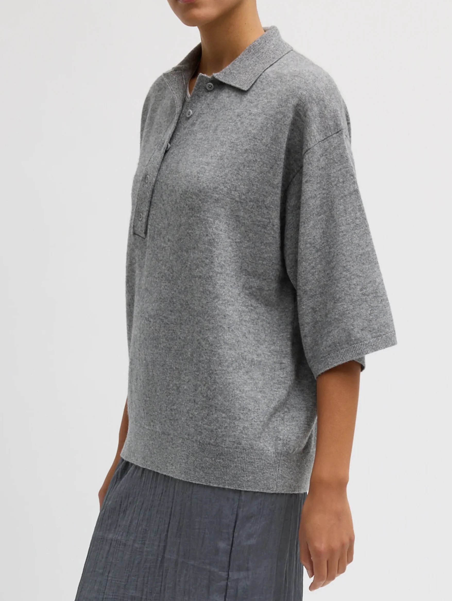 Washable Cashmere Oversized Easy Polo in Heather Grey - Image 2