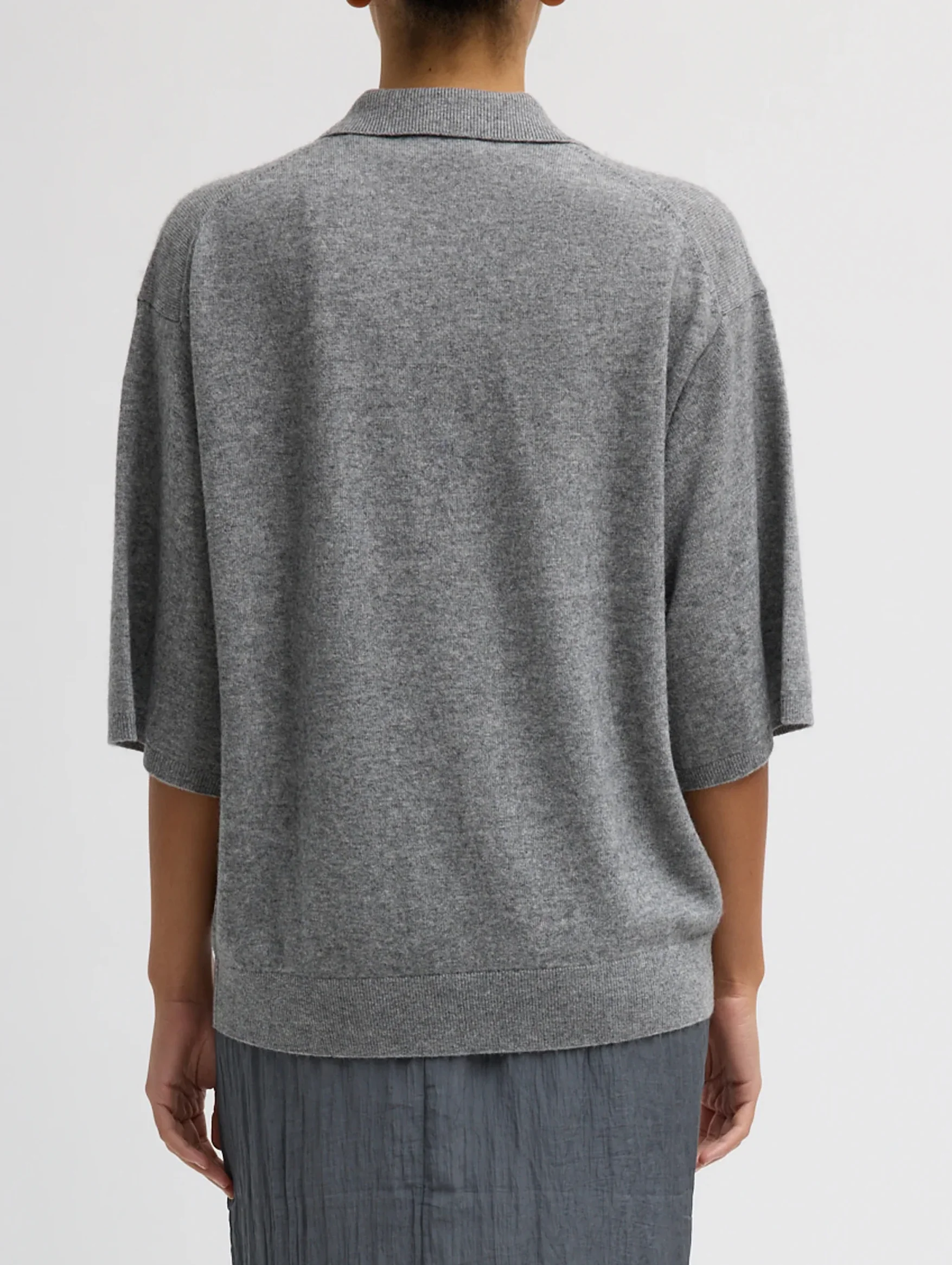 Washable Cashmere Oversized Easy Polo in Heather Grey - Image 3