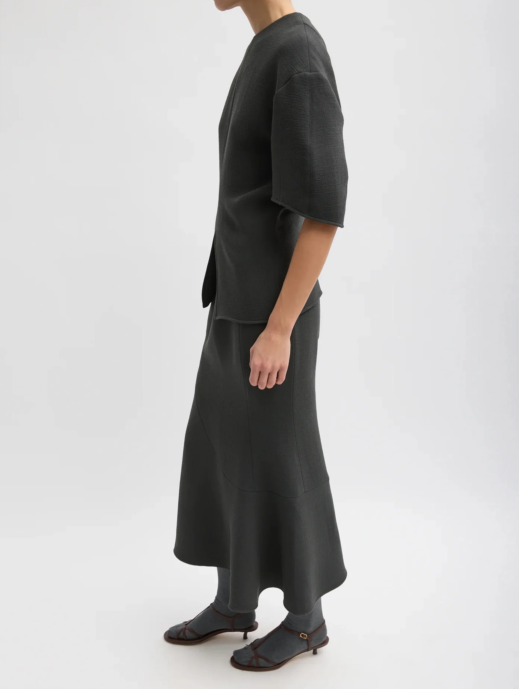 Wool Crepe Marte Fluid Skirt in Dark Grey - Image 3