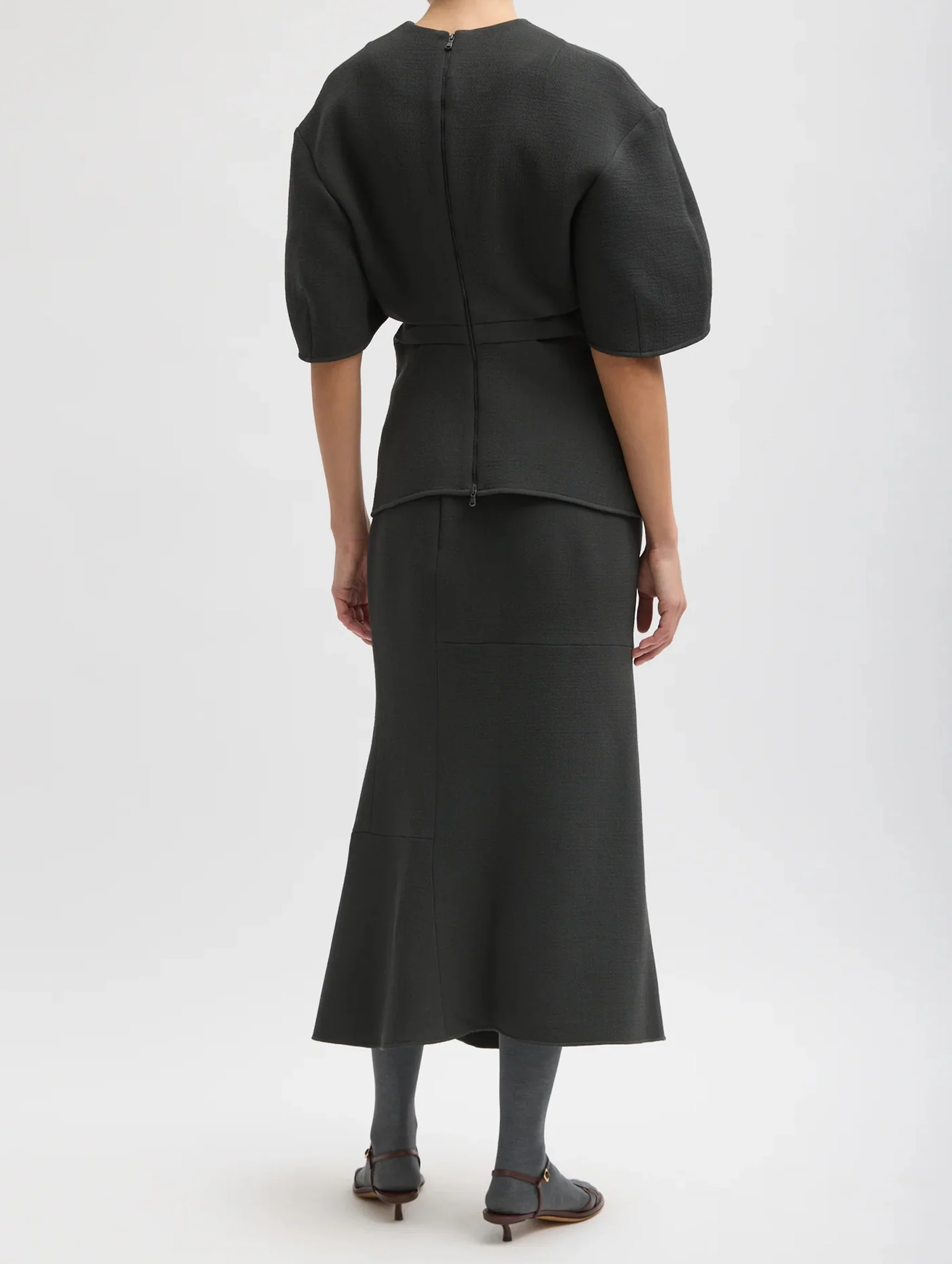 Wool Crepe Marte Fluid Skirt in Dark Grey - Image 4