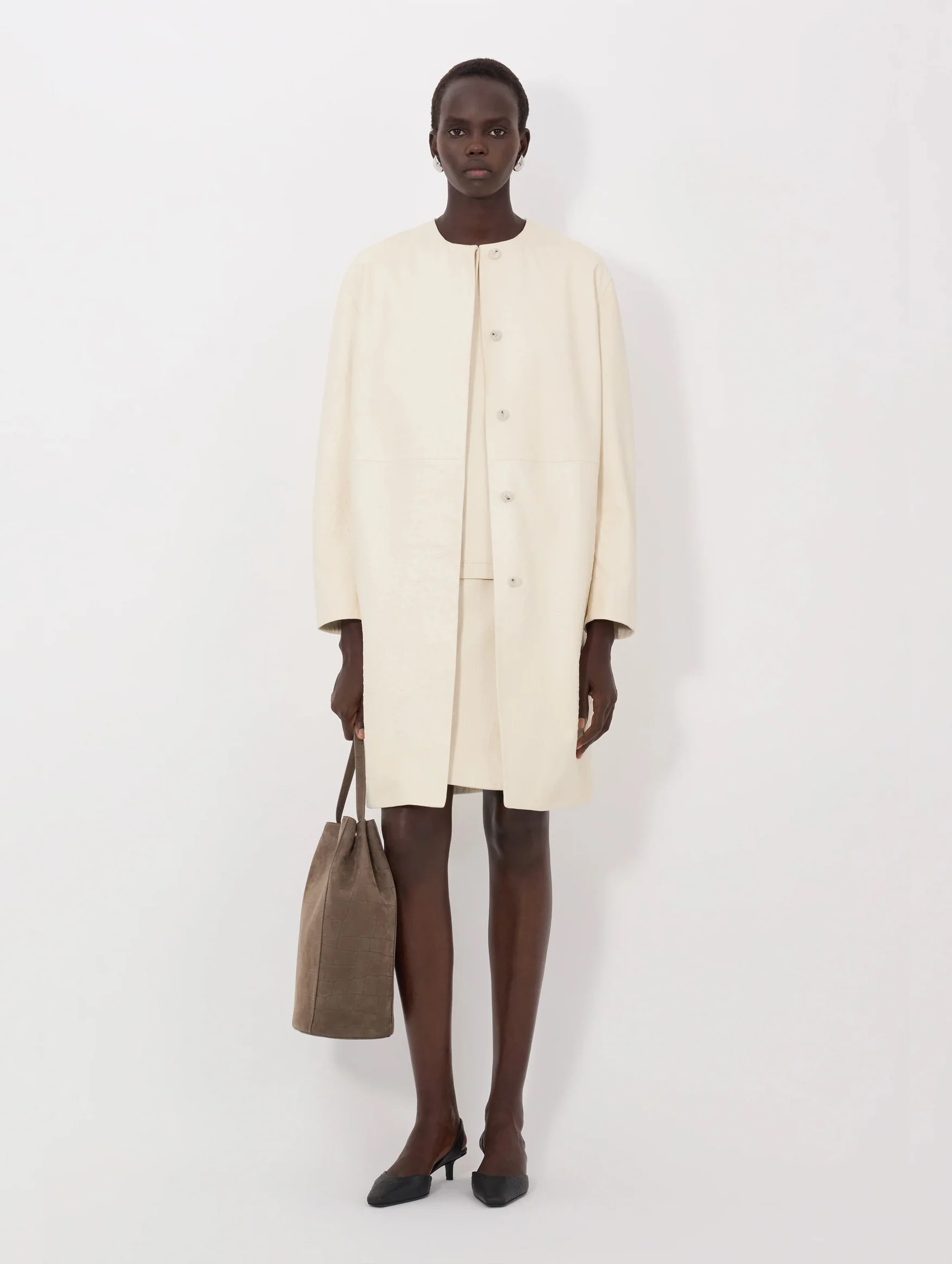 Yari Ostrich-effect Leather Coat in Ivory - Image 2