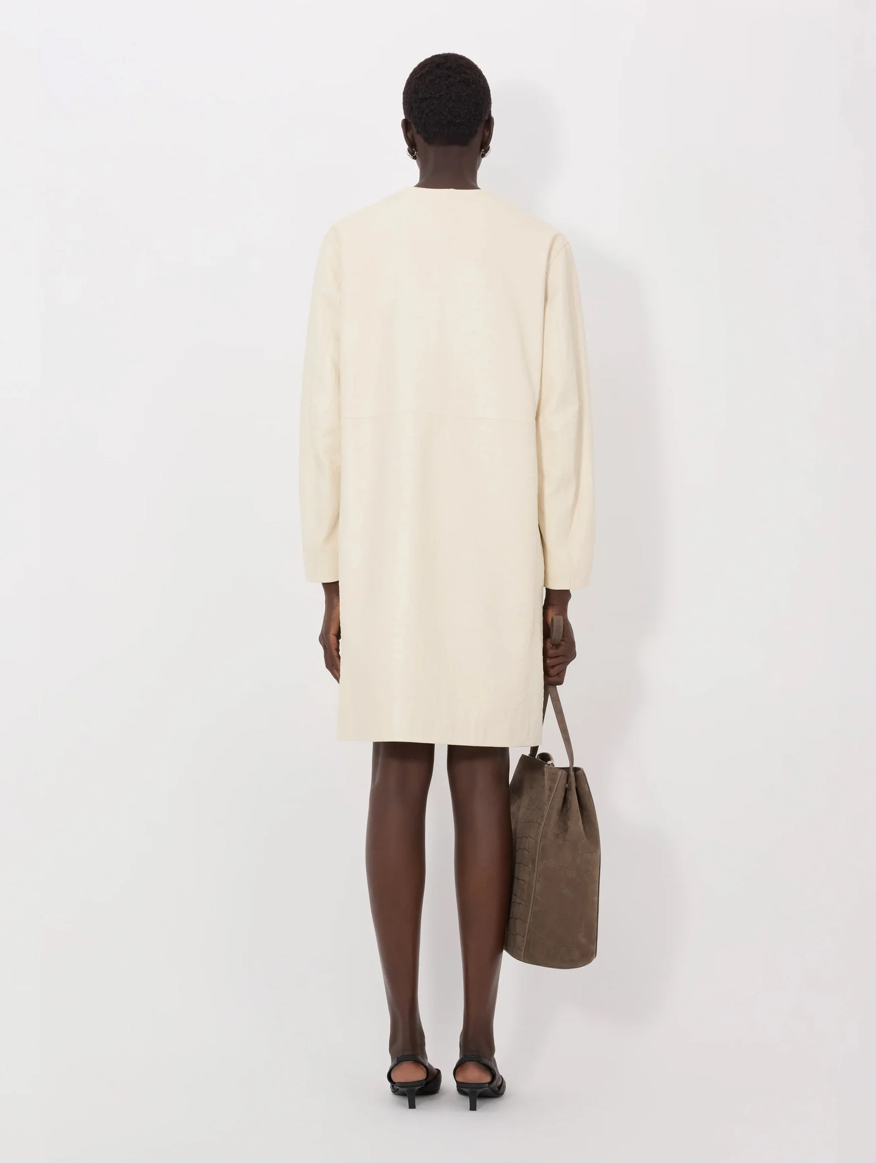 Yari Ostrich-effect Leather Coat in Ivory - Image 5